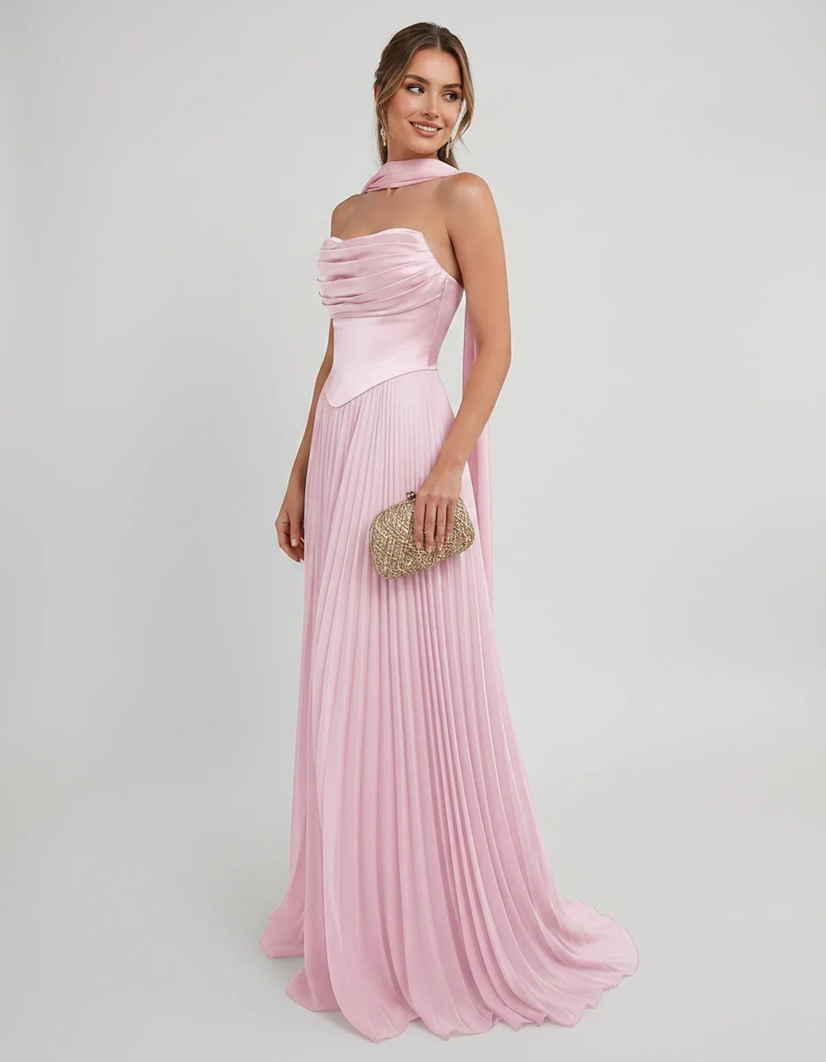 Lilac Satin A-Line One-Shoulder Sleeveless Maxi Dress, side view | Ramblion | SKU: SM-583714926184257-PINK-L,SM-583714926184257-PINK-M,SM-583714926184257-PINK-S,SM-583714926184257-PINK-XL,SM-583714926184257-PINK-XS