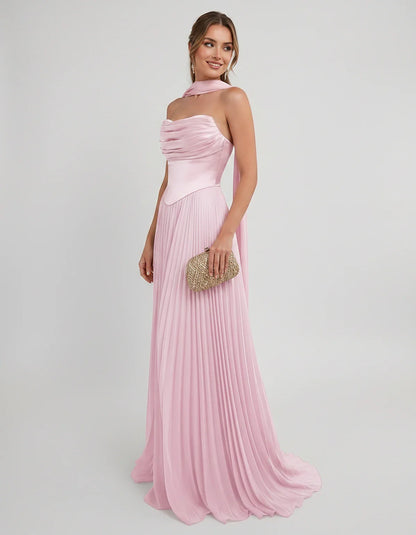 Lilac Satin A-Line One-Shoulder Sleeveless Maxi Dress, side view | Ramblion | SKU: SM-583714926184257-PINK-L,SM-583714926184257-PINK-M,SM-583714926184257-PINK-S,SM-583714926184257-PINK-XL,SM-583714926184257-PINK-XS