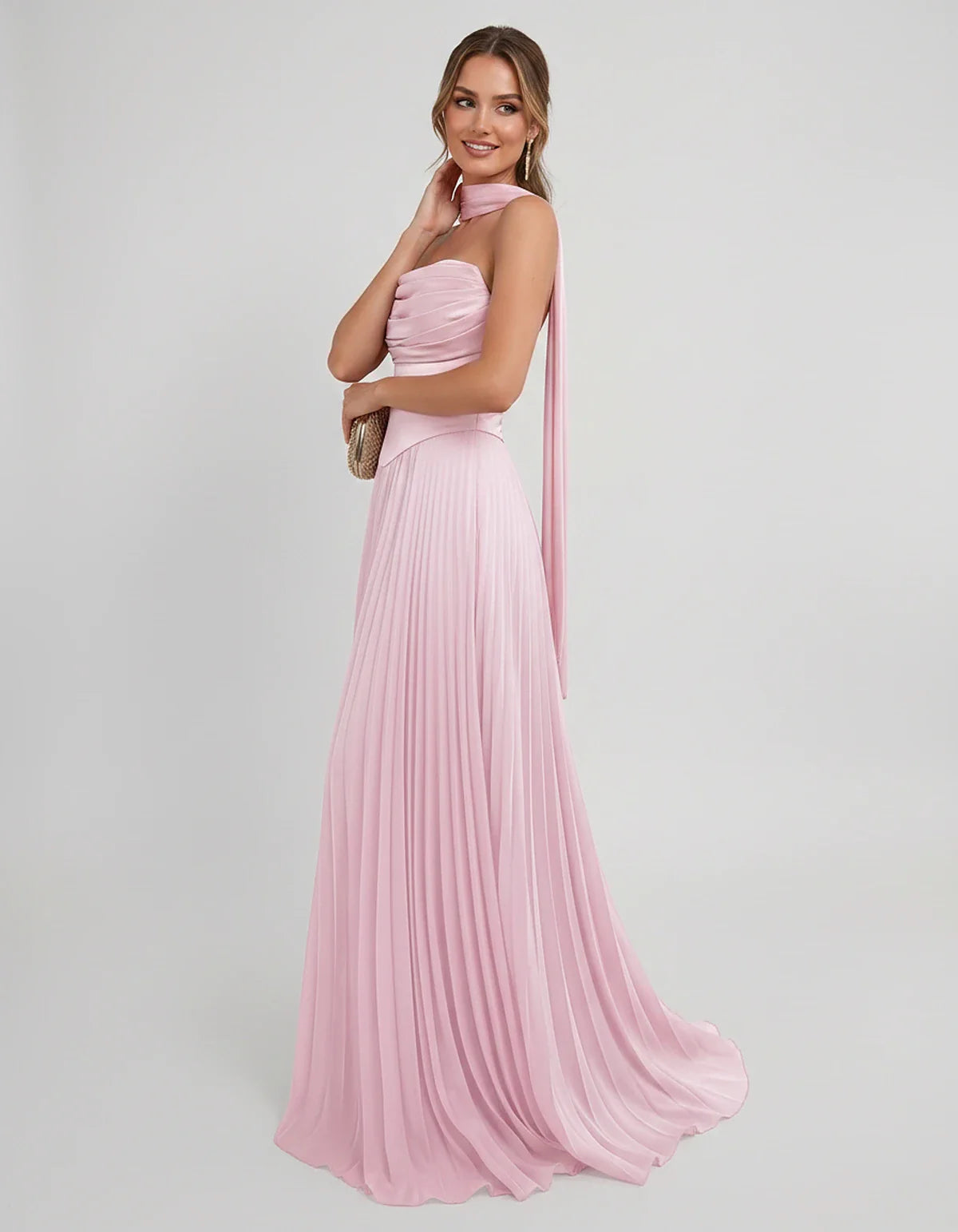Lilac Satin A-Line One-Shoulder Sleeveless Maxi Dress, side view | Ramblion | SKU: SM-583714926184257-PINK-L,SM-583714926184257-PINK-M,SM-583714926184257-PINK-S,SM-583714926184257-PINK-XL,SM-583714926184257-PINK-XS
