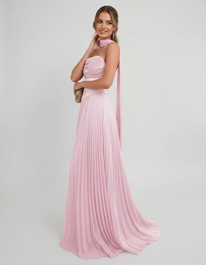 Lilac Satin A-Line One-Shoulder Sleeveless Maxi Dress, side view | Ramblion | SKU: SM-583714926184257-PINK-L,SM-583714926184257-PINK-M,SM-583714926184257-PINK-S,SM-583714926184257-PINK-XL,SM-583714926184257-PINK-XS