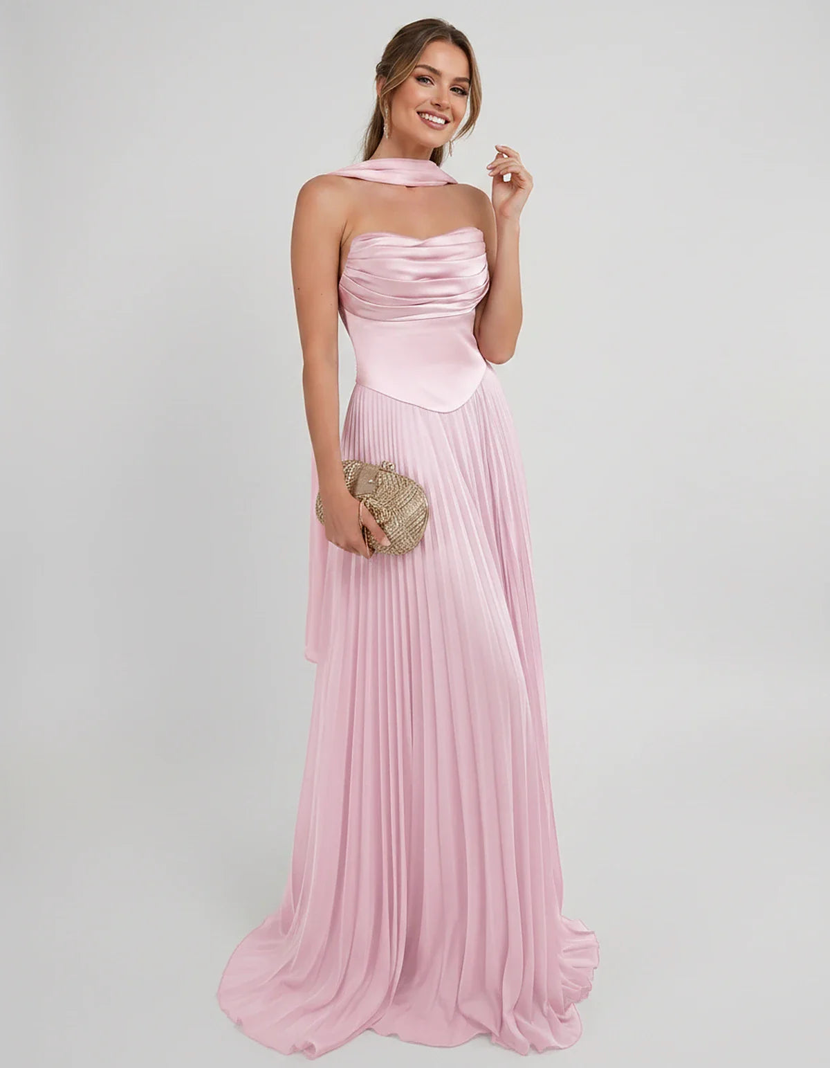 Lilac Satin A-Line One-Shoulder Sleeveless Maxi Dress, front view | Ramblion | SKU: SM-583714926184257-PINK-L,SM-583714926184257-PINK-M,SM-583714926184257-PINK-S,SM-583714926184257-PINK-XL,SM-583714926184257-PINK-XS