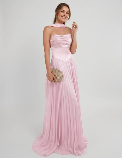 Lilac Satin A-Line One-Shoulder Sleeveless Maxi Dress, front view | Ramblion | SKU: SM-583714926184257-PINK-L,SM-583714926184257-PINK-M,SM-583714926184257-PINK-S,SM-583714926184257-PINK-XL,SM-583714926184257-PINK-XS