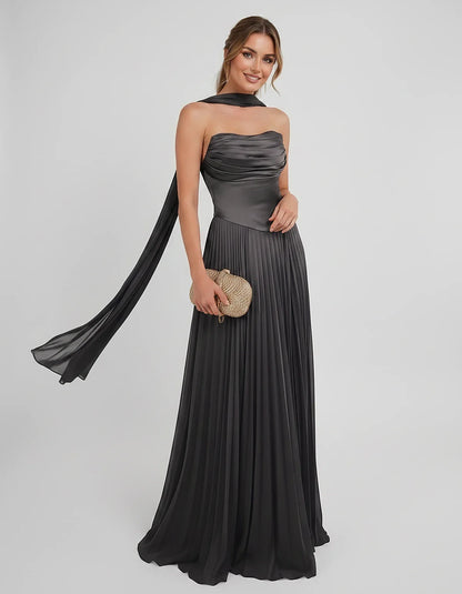 Lilac Satin A-Line One-Shoulder Sleeveless Maxi Dress, front view | Ramblion | SKU: SM-583714926184257-BLACK-L,SM-583714926184257-BLACK-M,SM-583714926184257-BLACK-S,SM-583714926184257-BLACK-XL,SM-583714926184257-BLACK-XS