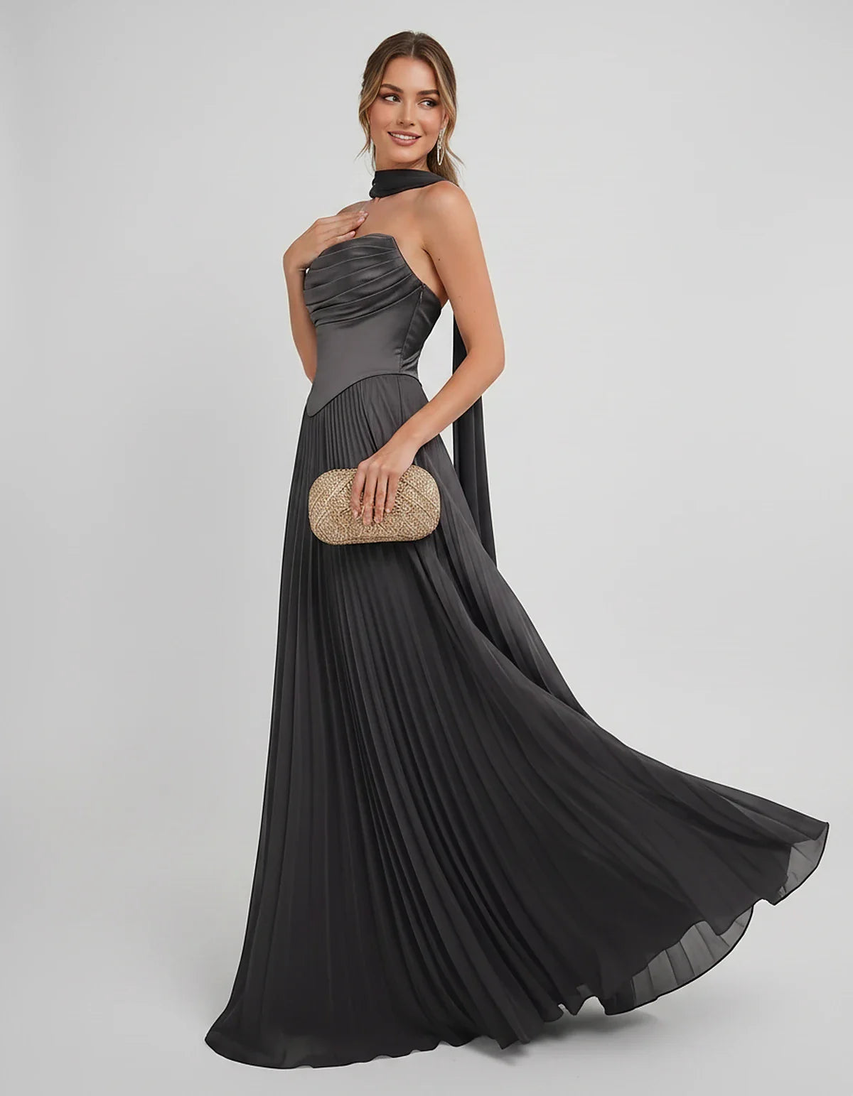 Lilac Satin A-Line One-Shoulder Sleeveless Maxi Dress, side view | Ramblion | SKU: SM-583714926184257-BLACK-L,SM-583714926184257-BLACK-M,SM-583714926184257-BLACK-S,SM-583714926184257-BLACK-XL,SM-583714926184257-BLACK-XS