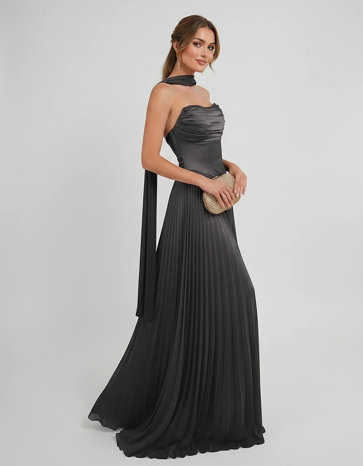 Lilac Satin A-Line One-Shoulder Sleeveless Maxi Dress, side view | Ramblion | SKU: SM-583714926184257-BLACK-L,SM-583714926184257-BLACK-M,SM-583714926184257-BLACK-S,SM-583714926184257-BLACK-XL,SM-583714926184257-BLACK-XS