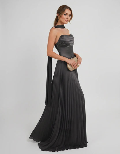 Lilac Satin A-Line One-Shoulder Sleeveless Maxi Dress, side view | Ramblion | SKU: SM-583714926184257-BLACK-L,SM-583714926184257-BLACK-M,SM-583714926184257-BLACK-S,SM-583714926184257-BLACK-XL,SM-583714926184257-BLACK-XS