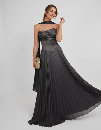Lilac Satin A-Line One-Shoulder Sleeveless Maxi Dress | Ramblion | SKU: SM-583714926184257-BLACK-L,SM-583714926184257-BLACK-M,SM-583714926184257-BLACK-S,SM-583714926184257-BLACK-XL,SM-583714926184257-BLACK-XS