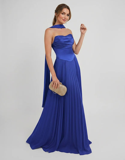 Lilac Satin A-Line One-Shoulder Sleeveless Maxi Dress | Ramblion | SKU: SM-583714926184257-BLUE-L,SM-583714926184257-BLUE-M,SM-583714926184257-BLUE-S,SM-583714926184257-BLUE-XL,SM-583714926184257-BLUE-XS