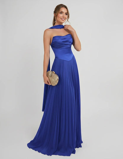 Lilac Satin A-Line One-Shoulder Sleeveless Maxi Dress | Ramblion | SKU: SM-583714926184257-BLUE-L,SM-583714926184257-BLUE-M,SM-583714926184257-BLUE-S,SM-583714926184257-BLUE-XL,SM-583714926184257-BLUE-XS