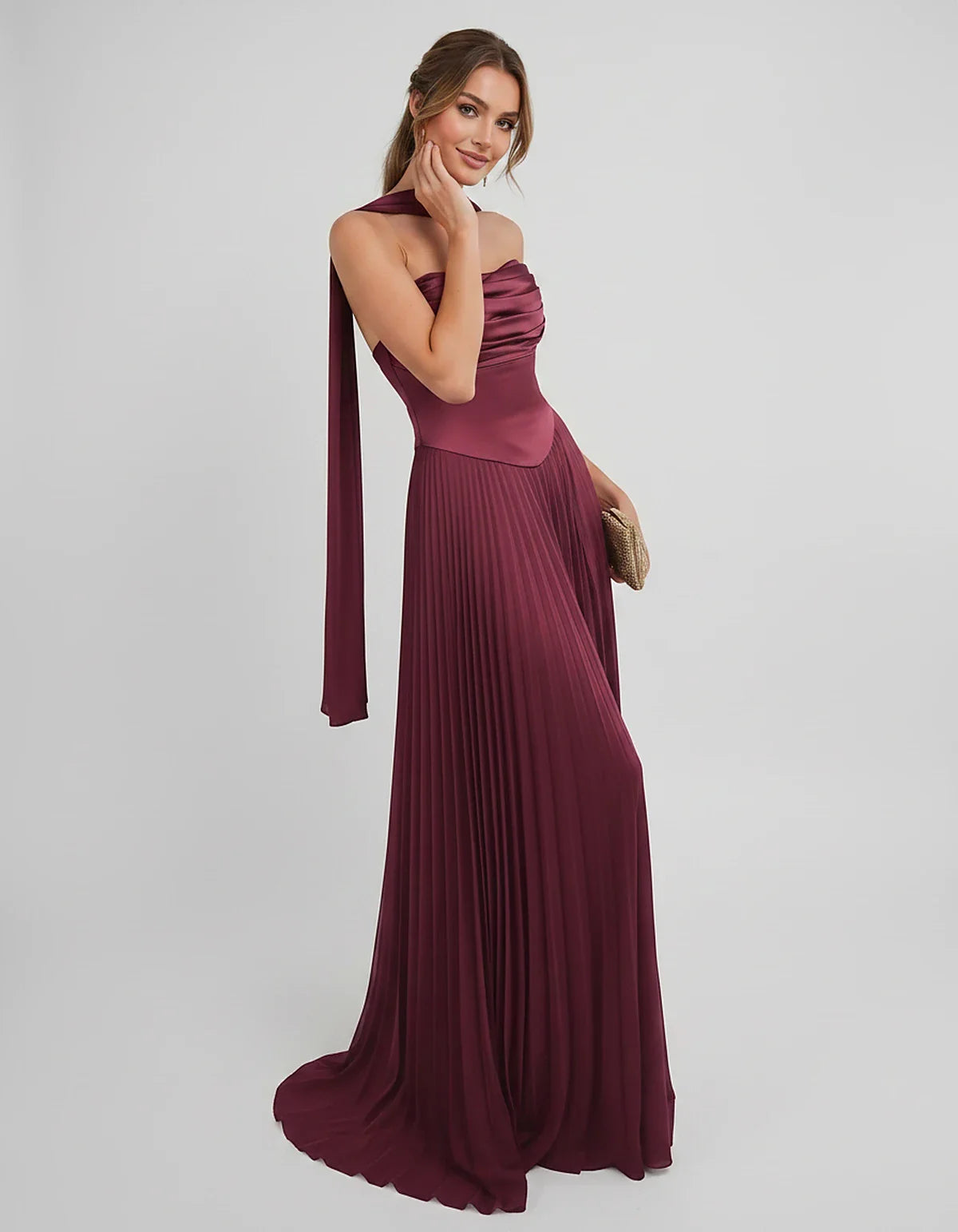 Lilac Satin A-Line One-Shoulder Sleeveless Maxi Dress | Ramblion | SKU: SM-583714926184257-BURGUNDY-L,SM-583714926184257-BURGUNDY-M,SM-583714926184257-BURGUNDY-S,SM-583714926184257-BURGUNDY-XL,SM-583714926184257-BURGUNDY-XS