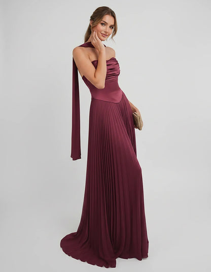 Lilac Satin A-Line One-Shoulder Sleeveless Maxi Dress | Ramblion | SKU: SM-583714926184257-BURGUNDY-L,SM-583714926184257-BURGUNDY-M,SM-583714926184257-BURGUNDY-S,SM-583714926184257-BURGUNDY-XL,SM-583714926184257-BURGUNDY-XS