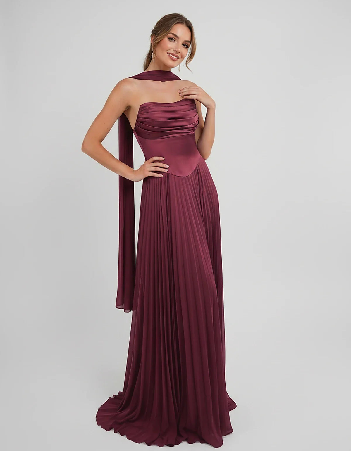 Lilac Satin A-Line One-Shoulder Sleeveless Maxi Dress | Ramblion | SKU: SM-583714926184257-BURGUNDY-L,SM-583714926184257-BURGUNDY-M,SM-583714926184257-BURGUNDY-S,SM-583714926184257-BURGUNDY-XL,SM-583714926184257-BURGUNDY-XS