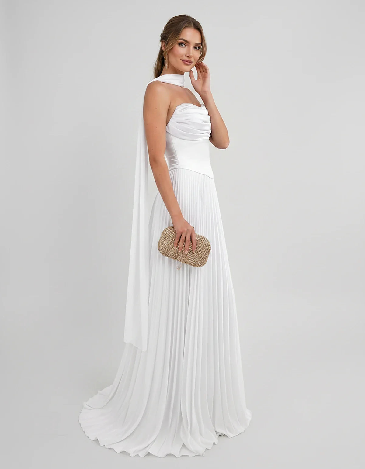 Lilac Satin A-Line One-Shoulder Sleeveless Maxi Dress | Ramblion | SKU: SM-583714926184257-WHITE-L,SM-583714926184257-WHITE-M,SM-583714926184257-WHITE-S,SM-583714926184257-WHITE-XL,SM-583714926184257-WHITE-XS