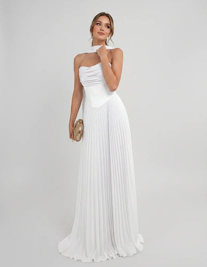 Lilac Satin A-Line One-Shoulder Sleeveless Maxi Dress | Ramblion | SKU: SM-583714926184257-WHITE-L,SM-583714926184257-WHITE-M,SM-583714926184257-WHITE-S,SM-583714926184257-WHITE-XL,SM-583714926184257-WHITE-XS