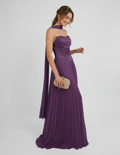 Lilac Satin A-Line One-Shoulder Sleeveless Maxi Dress, side view | Ramblion | SKU: SM-583714926184257-PURPLE-L,SM-583714926184257-PURPLE-M,SM-583714926184257-PURPLE-S,SM-583714926184257-PURPLE-XL,SM-583714926184257-PURPLE-XS