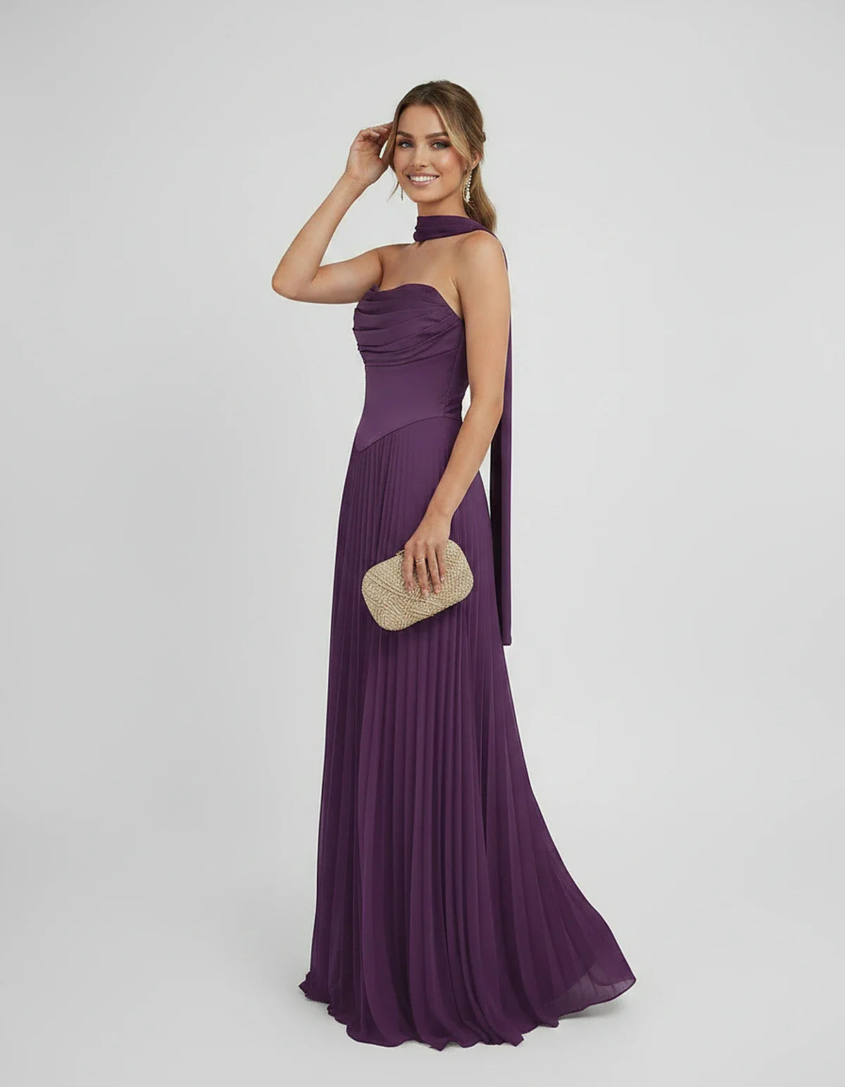 Lilac Satin A-Line One-Shoulder Sleeveless Maxi Dress, side view | Ramblion | SKU: SM-583714926184257-PURPLE-L,SM-583714926184257-PURPLE-M,SM-583714926184257-PURPLE-S,SM-583714926184257-PURPLE-XL,SM-583714926184257-PURPLE-XS