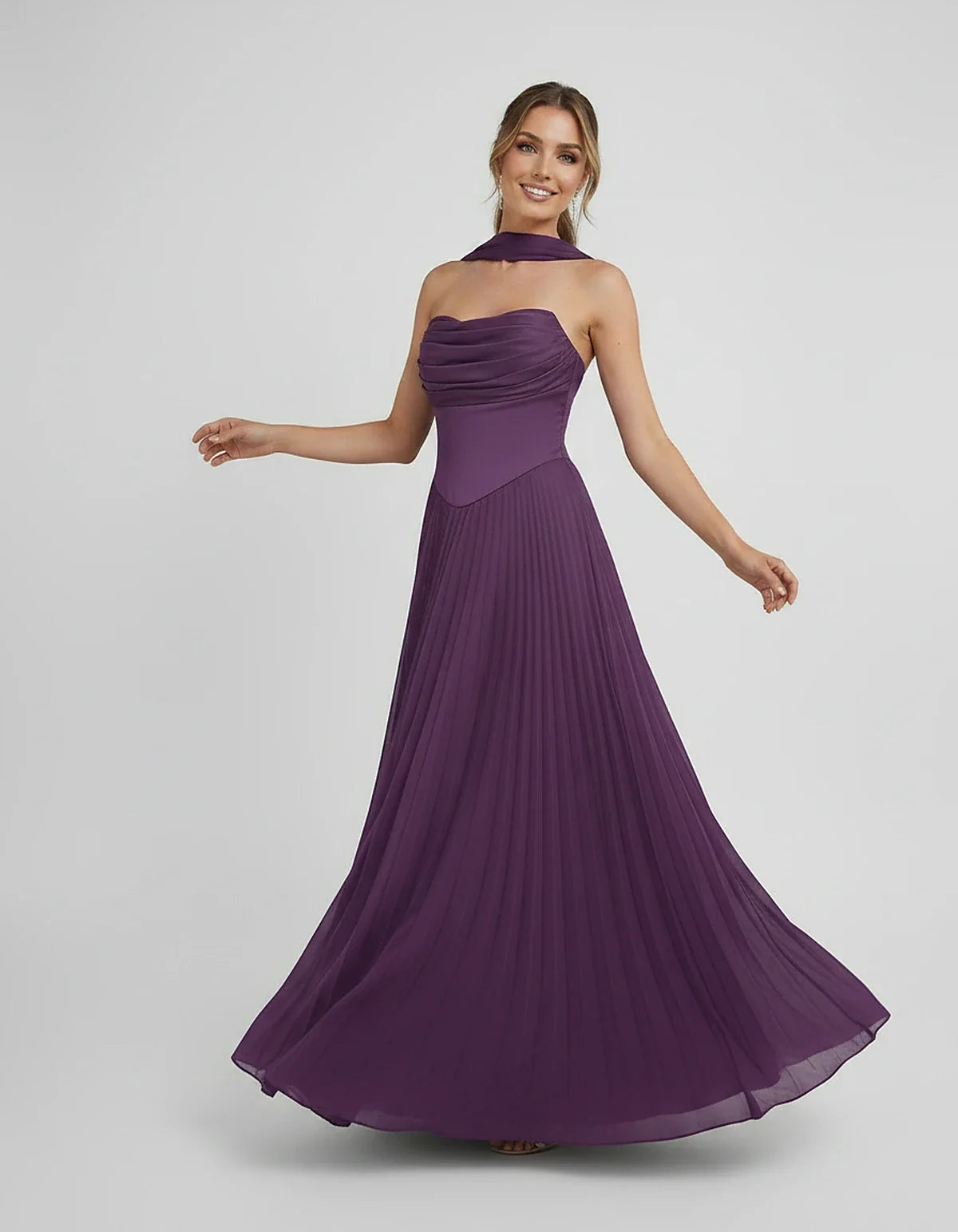 Lilac Satin A-Line One-Shoulder Sleeveless Maxi Dress, front view | Ramblion | SKU: SM-583714926184257-PURPLE-L,SM-583714926184257-PURPLE-M,SM-583714926184257-PURPLE-S,SM-583714926184257-PURPLE-XL,SM-583714926184257-PURPLE-XS