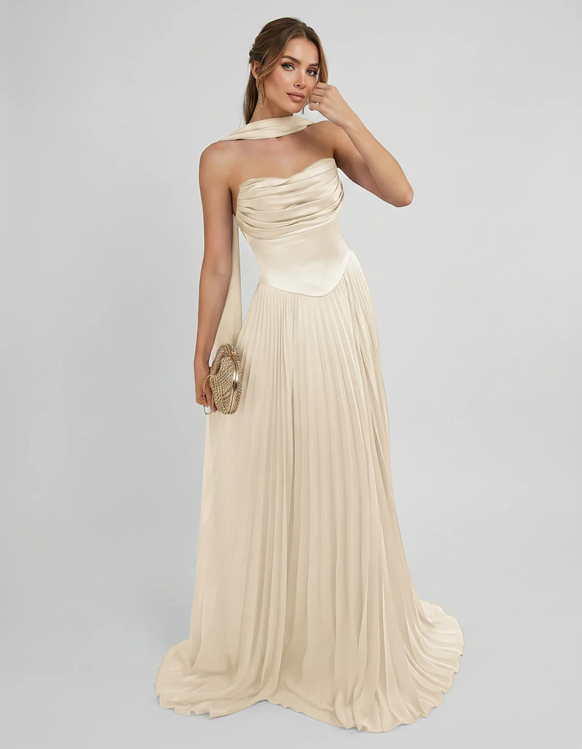 Lilac Satin A-Line One-Shoulder Sleeveless Maxi Dress in Beige, front view | Ramblion