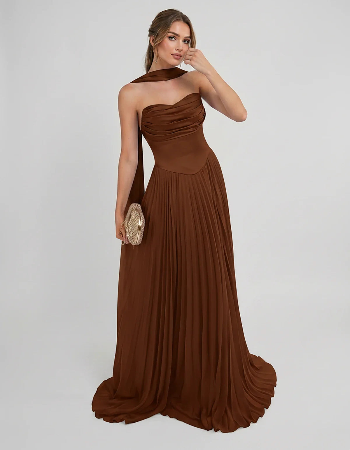 Lilac Satin A-Line One-Shoulder Sleeveless Maxi Dress in Brown | Ramblion