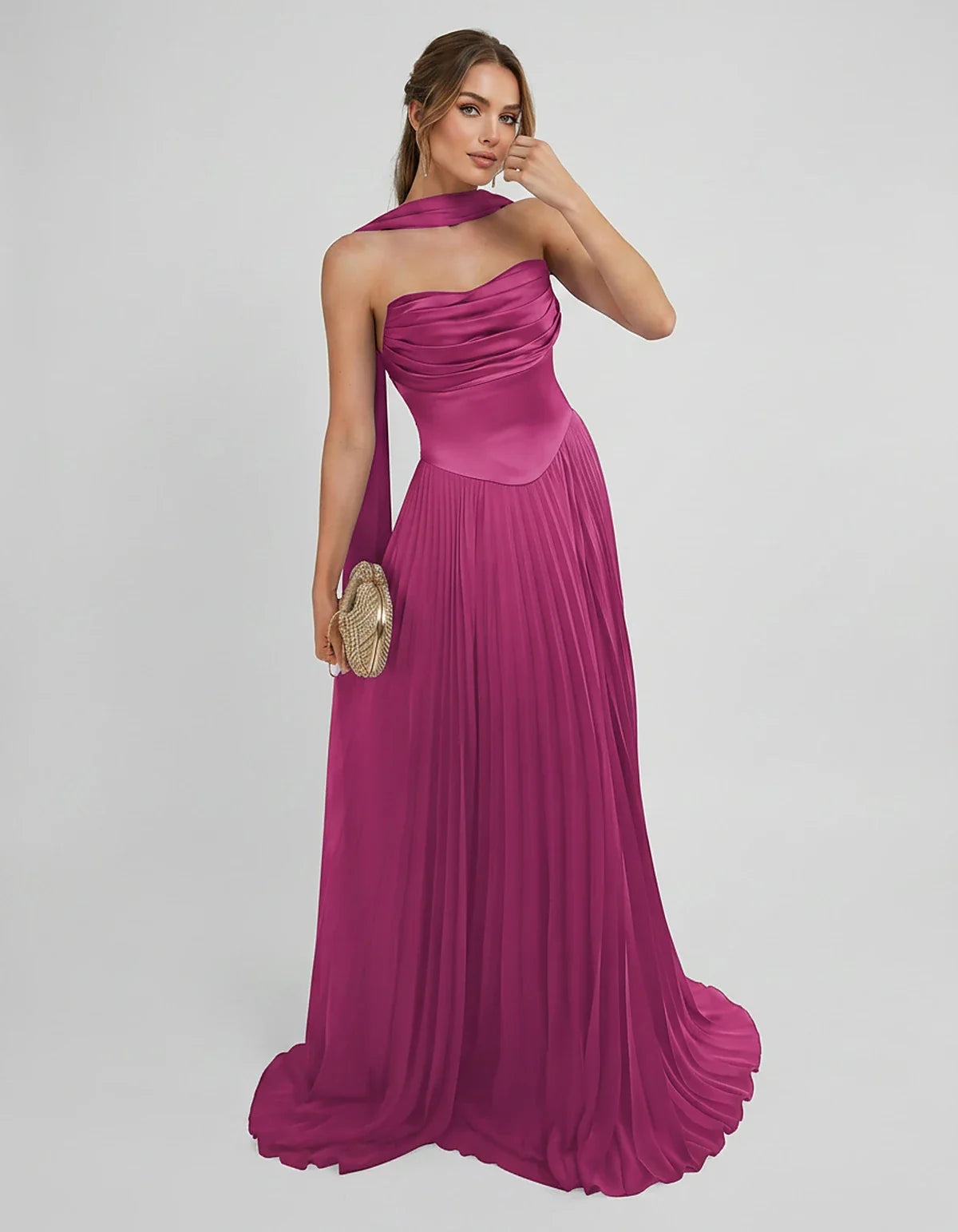 Lilac Satin A-Line One-Shoulder Sleeveless Maxi Dress in Fuchsia, front view | Ramblion