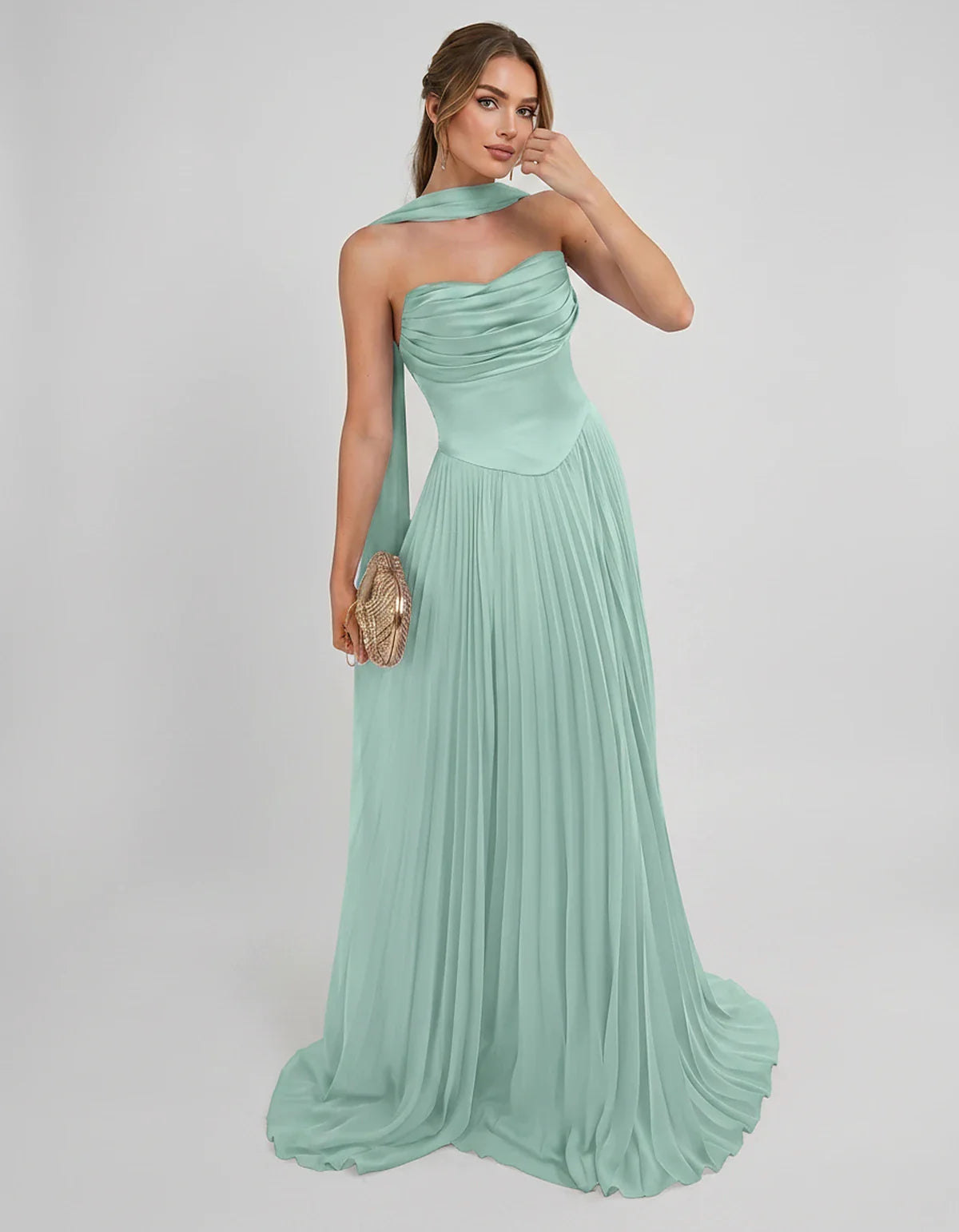 Lilac Satin A-Line One-Shoulder Sleeveless Maxi Dress in Mint | Ramblion