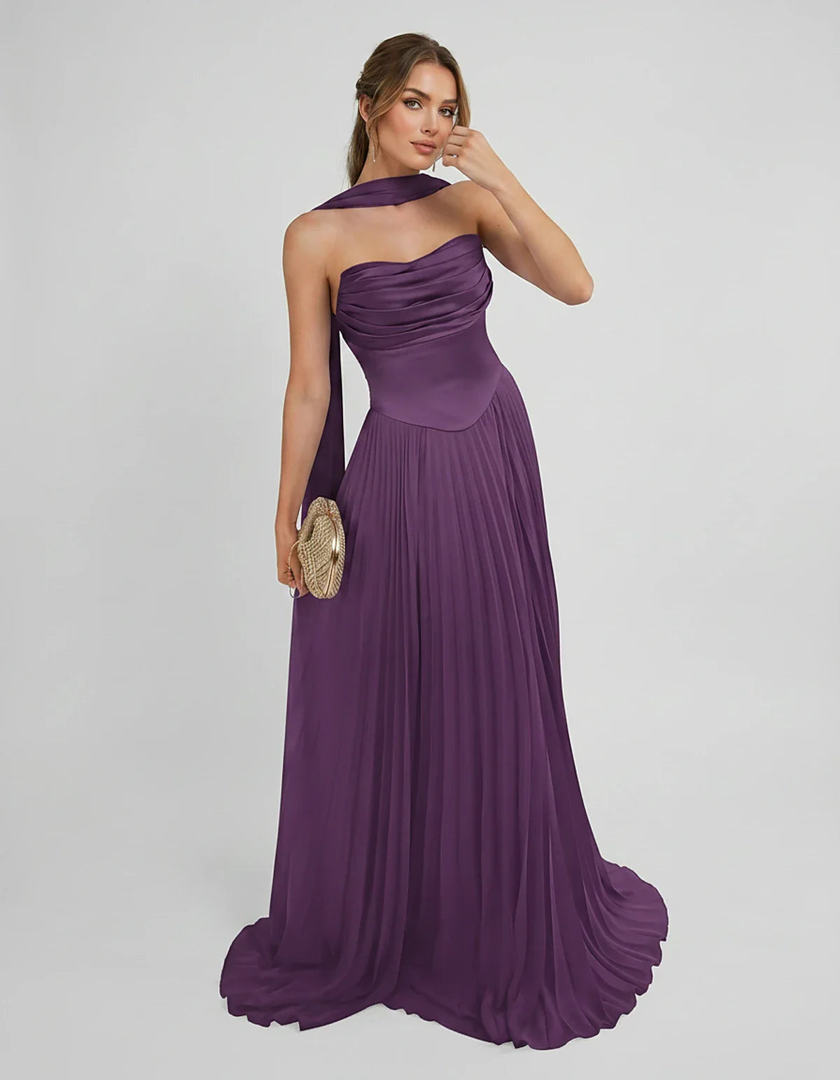Lilac Satin A-Line One-Shoulder Sleeveless Maxi Dress in Purple, front view | Ramblion