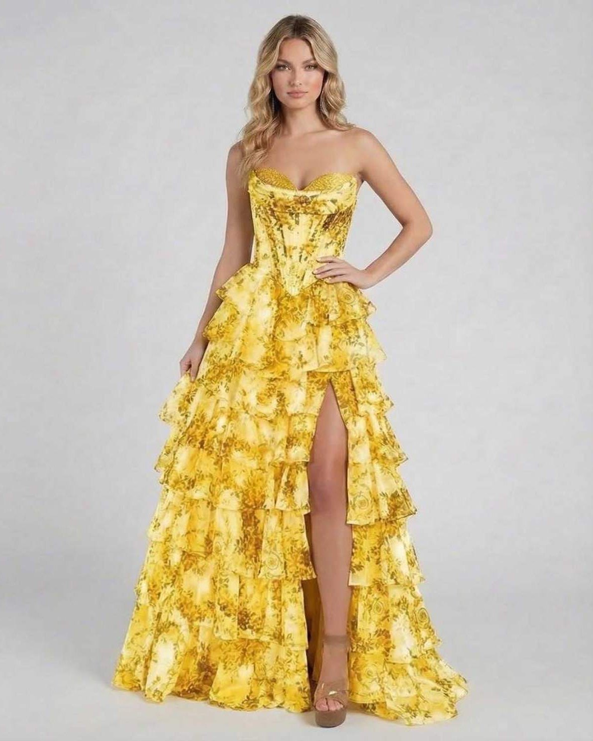 Lima Maxi Dress by RAMBLION, vibrant yellow satin dress with tiered silhouette, perfect for formal occasions.