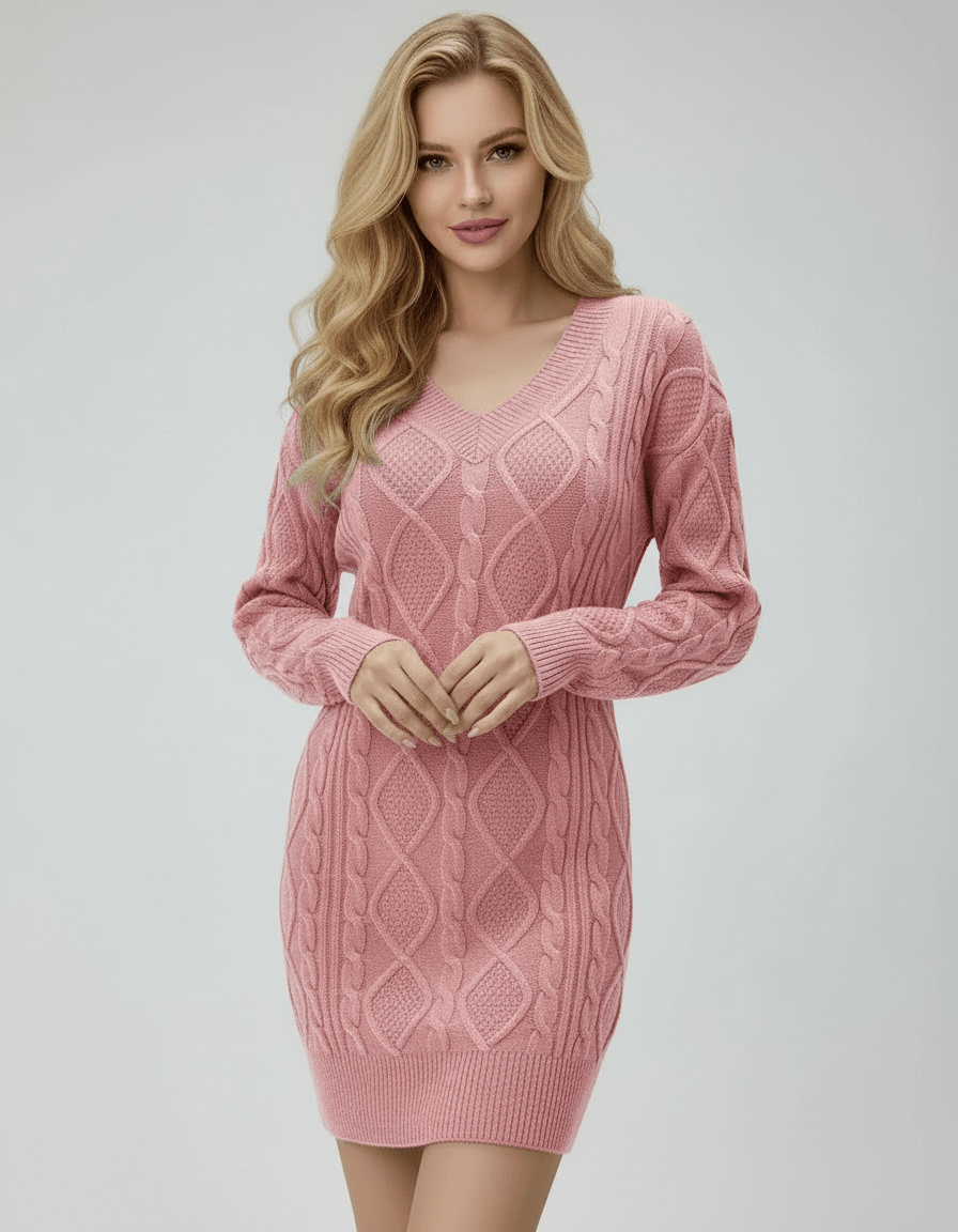 Lima Mini Dress by RAMBLION, pink ribbed V-neck style perfect for stylish occasions, soft and comfortable fit.