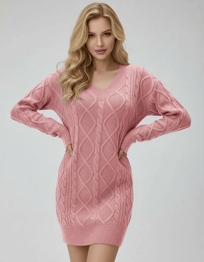 Lima Mini Dress by RAMBLION, pink cable knit design, V neck, cozy feel, perfect for stylish occasions.