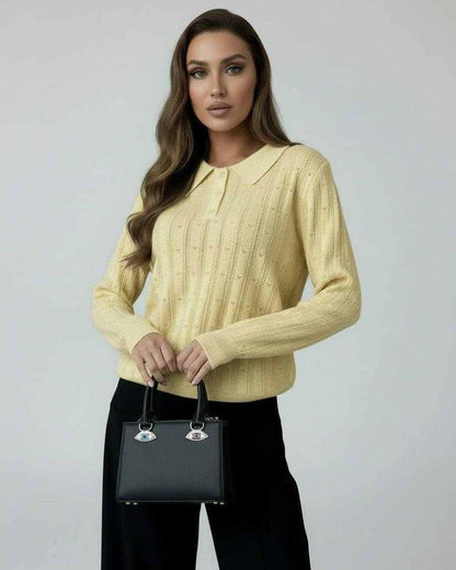 Lima Sweater by RAMBLION, yellow knit with collar, cozy for casual wear, perfect for stylish occasions.