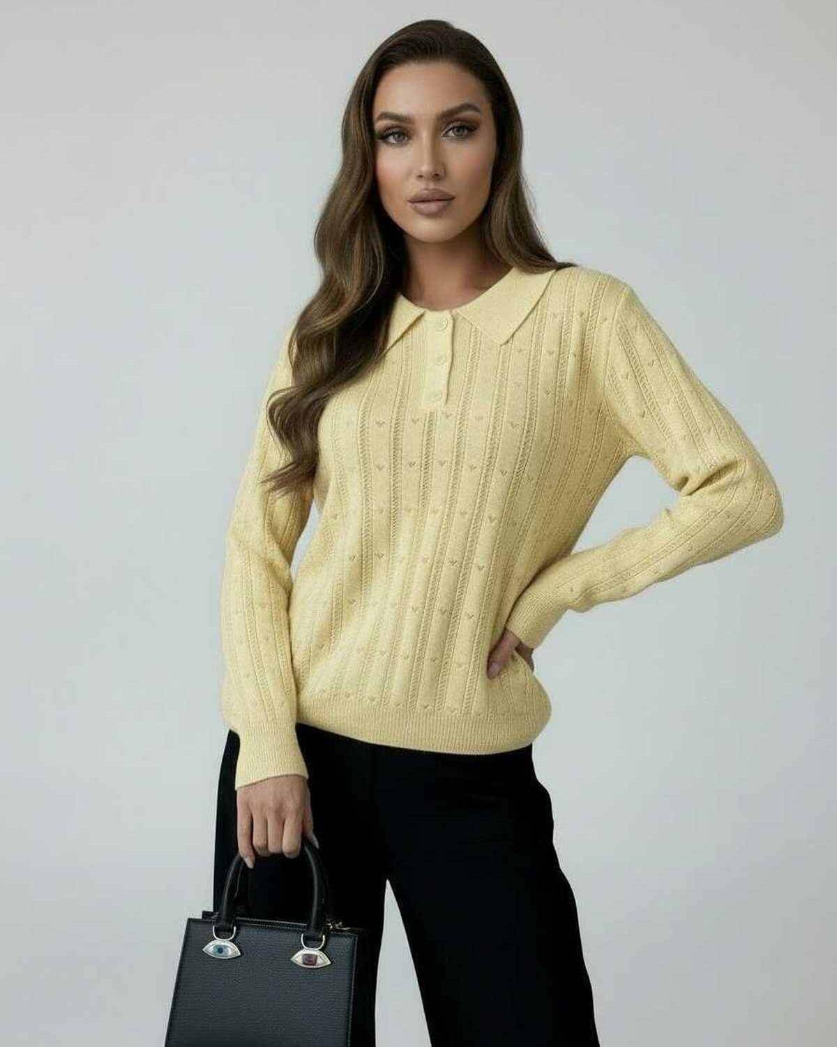 Lima Sweater from RAMBLION, cozy yellow long sleeve knit, round neck, perfect for stylish outings.