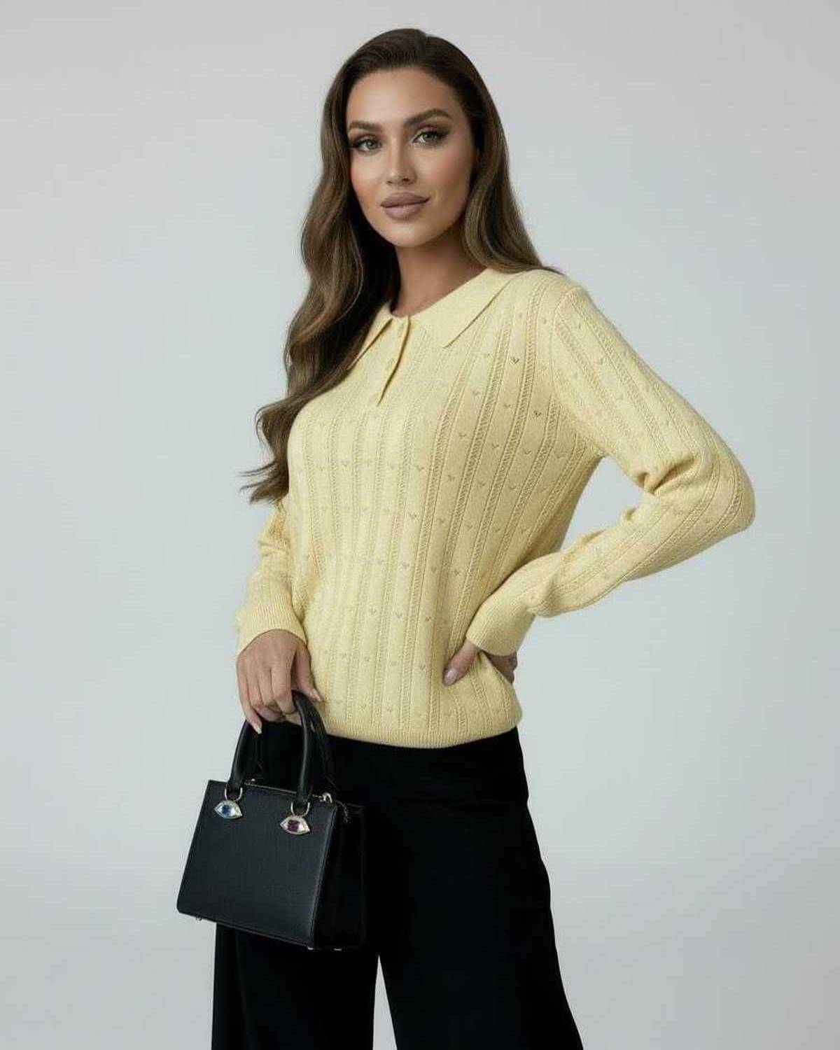 Lima Sweater by RAMBLION, yellow long sleeve knit, comfortable for any occasion, stylish women's fashion.