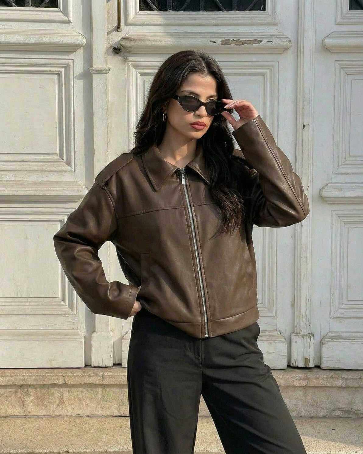 Lina Jacket by RAMBLION in rich brown, featuring faux leather, modern loose fit, stylish for fall outfits.