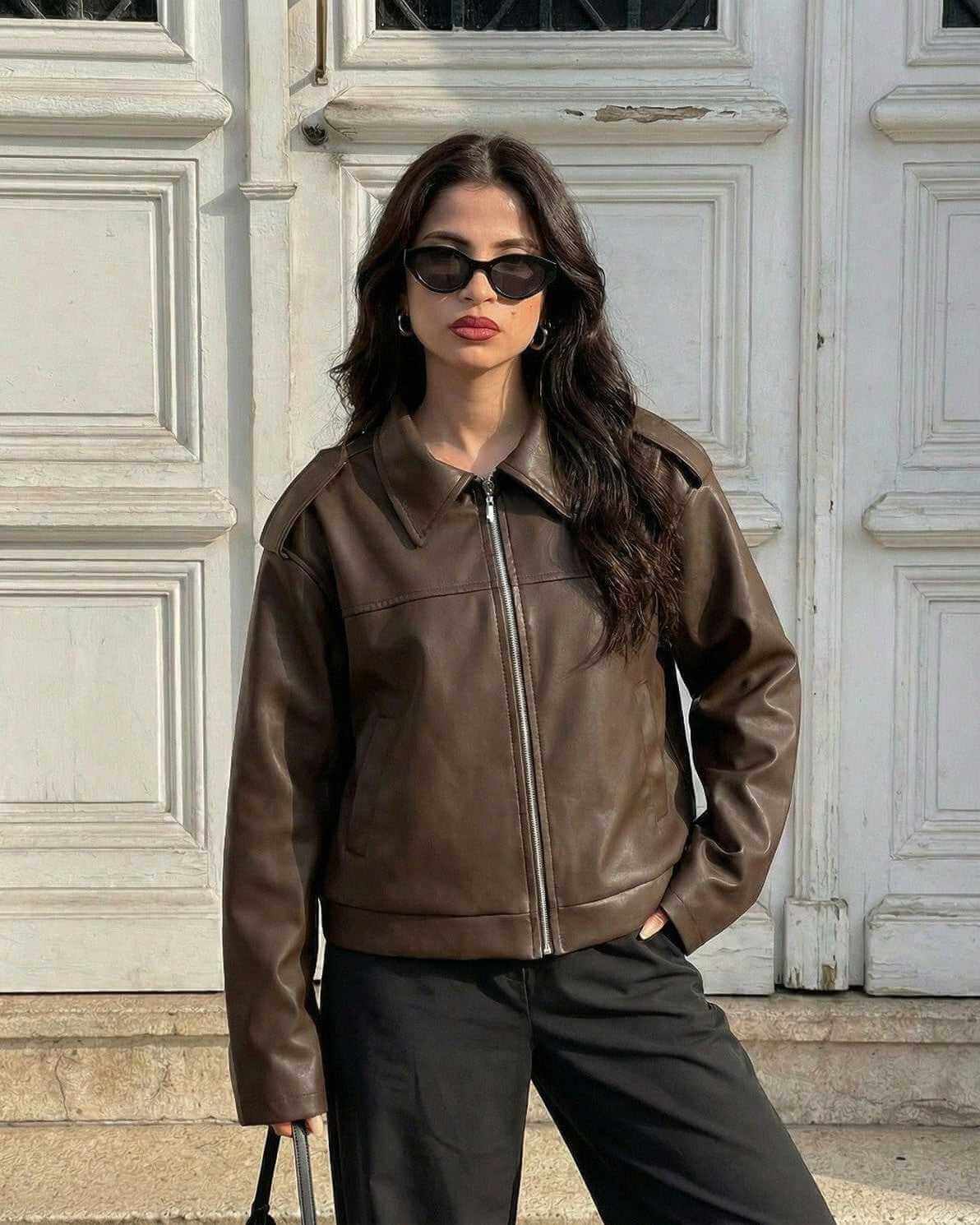 Lina Jacket by RAMBLION, brown faux leather, modern loose fit, stylish outerwear for fall fashion.