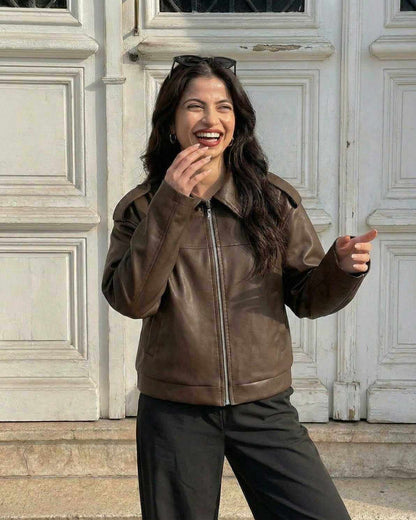 Lina Jacket by RAMBLION, rich brown faux leather, modern loose fit, perfect for elevating fall outfits.