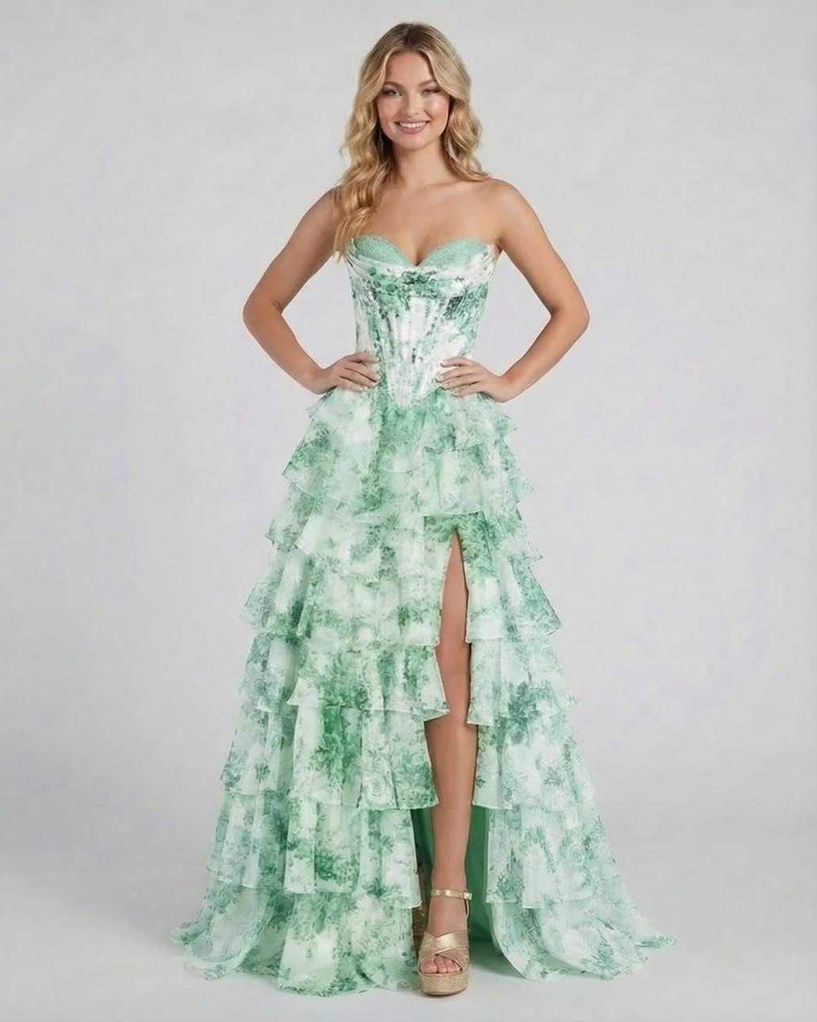 Linosa Maxi Dress in green satin with tiered ruffles, perfect for formal occasions by RAMBLION.