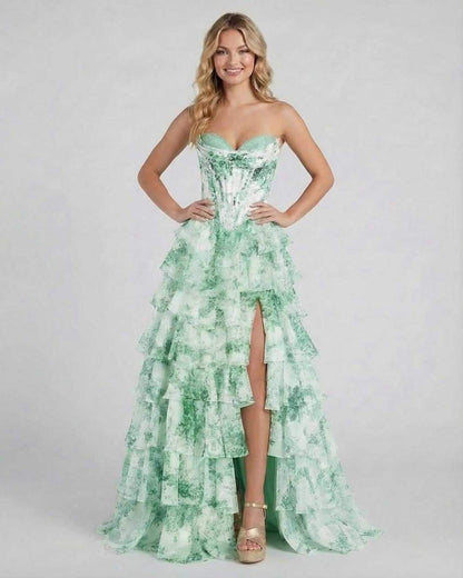 Linosa Maxi Dress in green satin with tiered ruffles, perfect for formal occasions by RAMBLION.