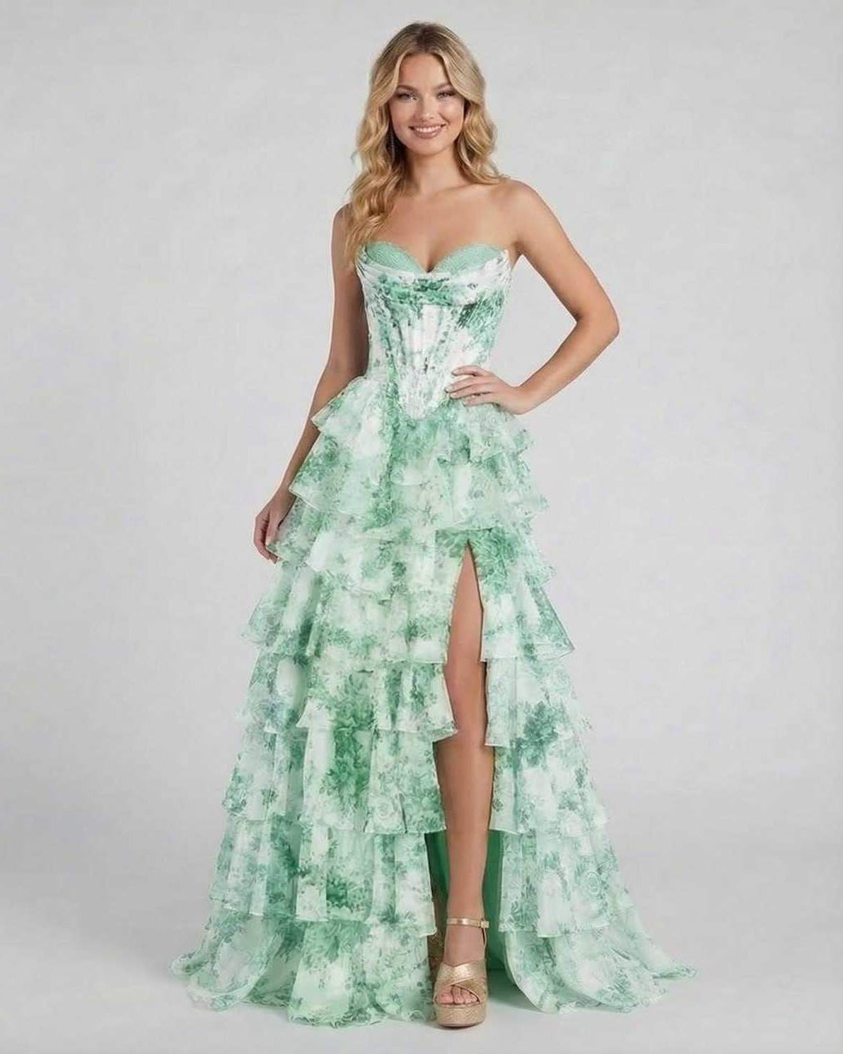 Linosa Maxi Dress in elegant green satin with tiered ruffles, perfect for formal occasions, by RAMBLION.