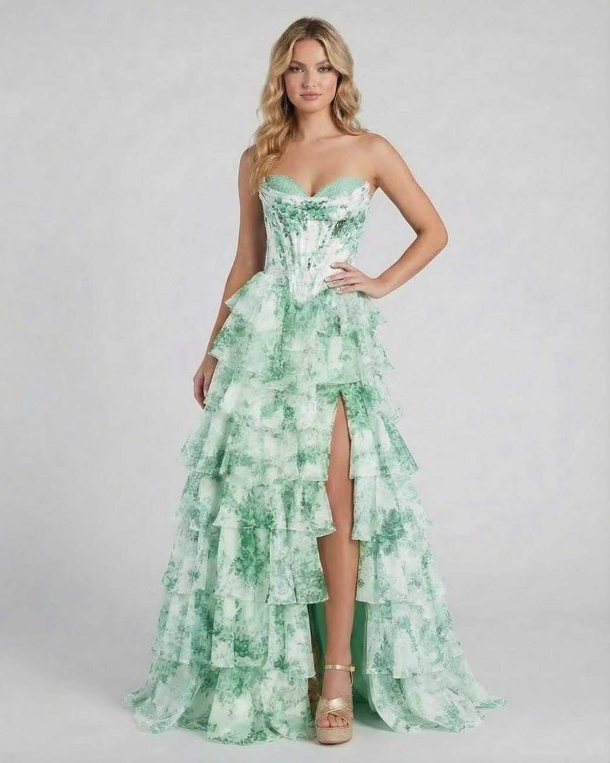 Linosa Maxi Dress in green satin with tiered ruffles, perfect for formal occasions, by RAMBLION.