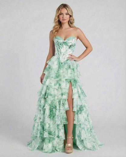 Linosa Maxi Dress in green satin with tiered ruffles, perfect for formal occasions, by RAMBLION.