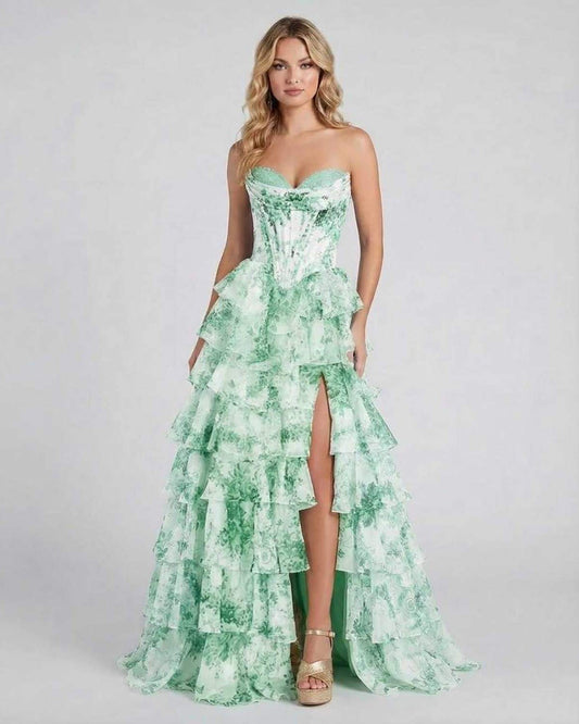 Linosa Maxi Dress in green satin with tiered ruffles, perfect for formal occasions, by RAMBLION.