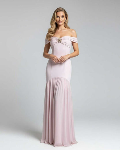Lipa Maxi Dress, off-shoulder design, luxurious satin, elegant pink tone, perfect for formal occasions, by RAMBLION.