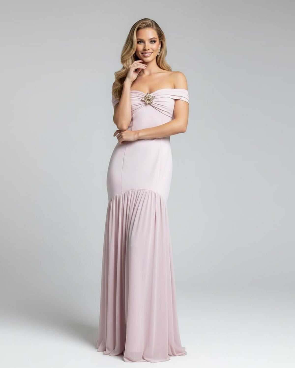 Lipa Maxi Dress in pink, off-shoulder style, elegant design with embellishment, perfect for special occasions, by RAMBLION.
