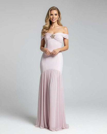 Lipa Maxi Dress: Off shoulder pink dress with elegant metallic embellishments, perfect for special occasions. RAMBLION brand.