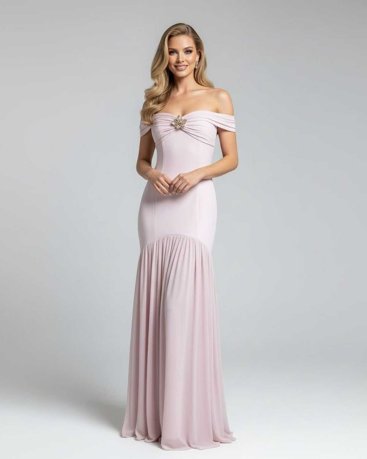 Lipa Maxi Dress in luxurious pink satin, off-shoulder design, elegant metallic embellishments by RAMBLION.