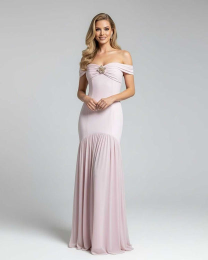 Lipa Maxi Dress in luxurious pink satin, off-shoulder design, elegant metallic embellishments by RAMBLION.