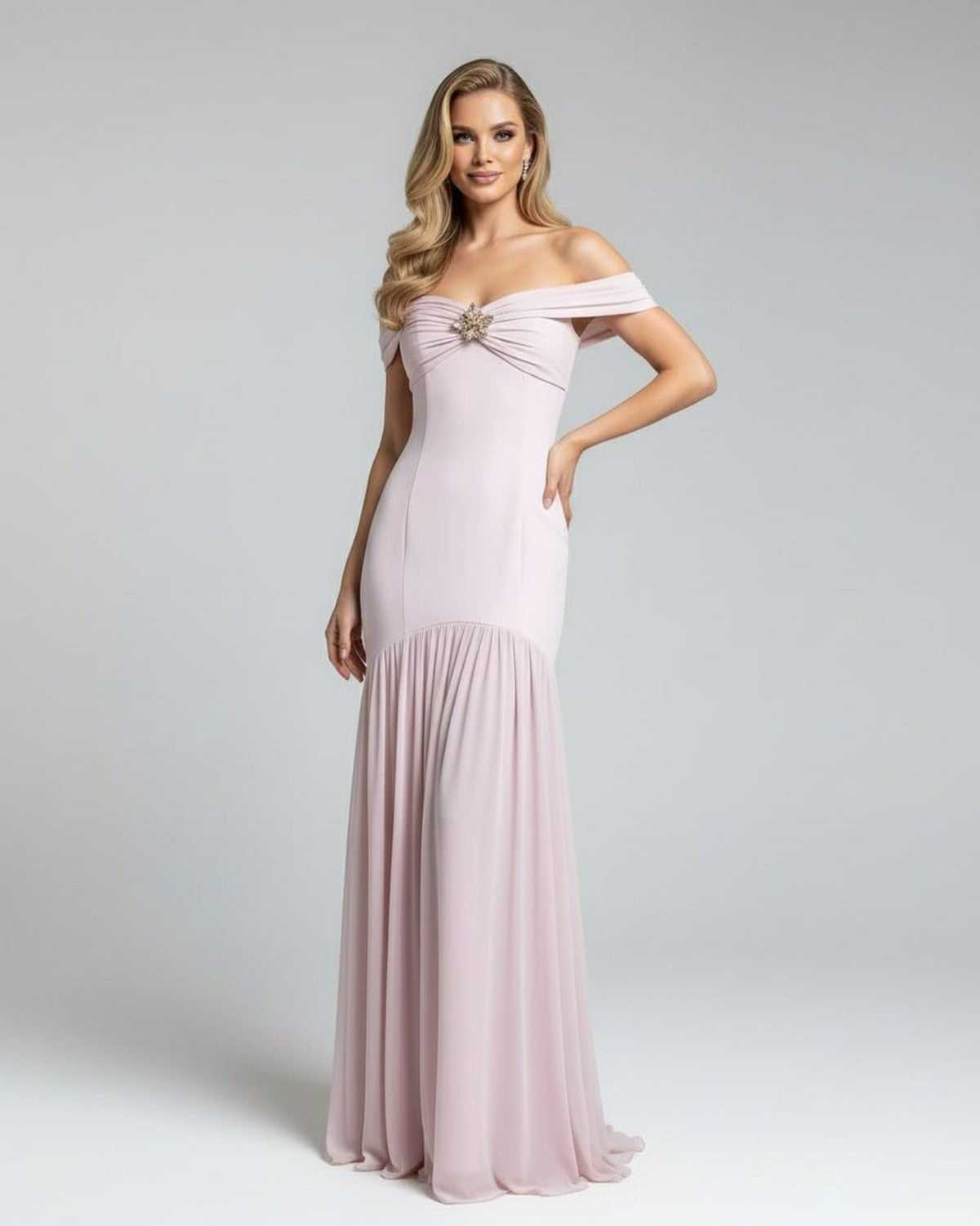 Lipa Maxi Dress - off-shoulder, elegant pink dress by RAMBLION for sophisticated occasions, featuring metallic embellishments.