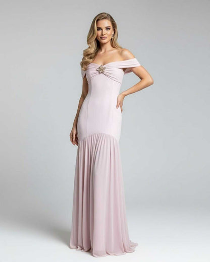 Lipa Maxi Dress - off-shoulder, elegant pink dress by RAMBLION for sophisticated occasions, featuring metallic embellishments.