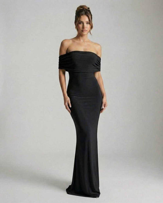 Lips Maxi Dress in black, off shoulder, elegant silhouette, chic polyester satin, perfect for evening events - RAMBLION.