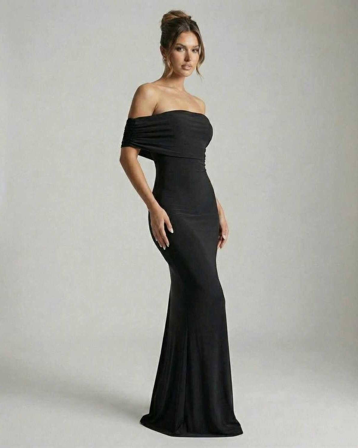 Lips Maxi Dress by RAMBLION, elegant off-shoulder, ruched detailing, perfect for evening wear, black satin floor-length design.